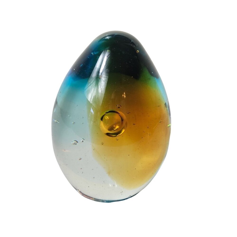 (A1373)Hand-Blown Multicolor Arr Glass Egg Shaped Paperweight Brown Orange Green